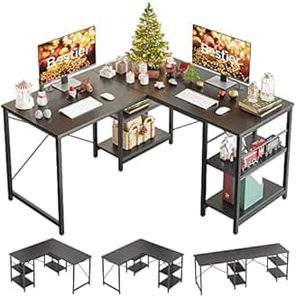 BestierL Shaped Desk with Shelves 86 Inch Reversible Corner Computer Desk or 2 Person Long Table for Home Office Large Gaming Writing Storage Workstation P2 Board with 3 Cable Holes, Black