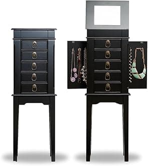 Hives and Honey Kennedy Jewelry Armoire - Modern Wood Storage Organizer with Necklace Hooks, 5 Drawers, and Vanity Mirror, Black