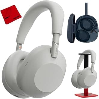 Sony WH-1000XM6 Best Wireless Noise Canceling Headphones, Platinum Silver Bundle with Deco Gear Pro Audio Headphone Stand in Matte Black/Red