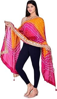 PK HUBWomen’s Jaipuri Rajasthani Bandhani Silk Dupatta – Heavy Multi-Colored Bandhej Dupatta with Gota Patti Work & Latkan for Ethnic Wear (, Free Size)