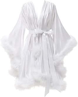 yinyyinhs Feather Robe for Women Silk Satin Bridal Dressing Gowns for Bride Short Fur Lingerie Nightgown Bathrobe Sleepwear White S/M