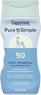 Coppertone Pure and Simple Zinc Oxide Mineral Sunscreen Lotion SPF 50, Water Resistant Sunscreen for Sensitive Skin, Hypoallergenic and Fragrance Free, 6 Fl Oz Bottle