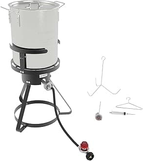 GasOne B-5155-NB Turkey Fryer Pot and Burner – 30 Quart Pot Deep Fryers Outdoor Burner – Cast Iron Burner Head 7-Piece Set Outdoor Deep Fryer with Thermometer, Marinade Injector