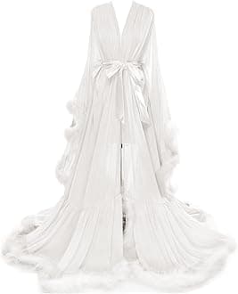 Womens Sexy Feather Bridal Robe Long Wedding Scarf Illusion Bathrobe Sleepwear Lingerie Robe Nightgown