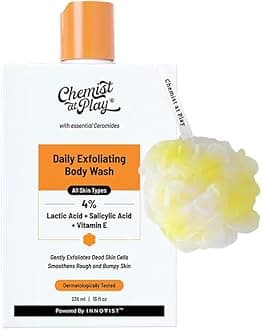 Chemist At Play Exfoliating Body Wash 236ml | Removes Tan, Fights Body Acne, Strawberry Skin | 4% (Salicylic Acid, Vitamin E & Lactic Acid) | Gentle Exfoliating Shower Gel For Women & Men + Loofah