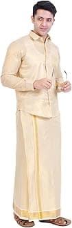 Men's Traditional Indian Shirt and Dhoti Set, Full Sleeves Tissue Silk Cotton Shirt With Dhoti 2 metres for men