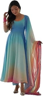 GoSriKiWomen's Georgette Anarkali Kurta Set with Dupatta | Elegant Pink Ethnic Dress | Flared Long Kurti for Festive