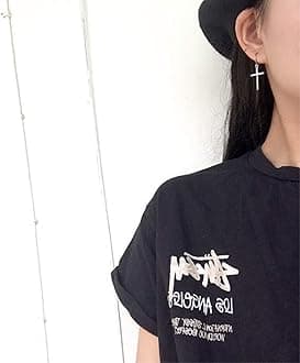 Blowin 2pcs Cross Dangle Stud Earrings Stainless Steel Cross Huggie Hoop Earrings Set for Men Women Birthday Christmas Valentine's Day Present