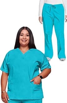 Cherokee Scrub set for women Traditional Fit Dolman Sleeve, V-neck Top 4700 Natural Rise Flare Leg Drawstring Pant 4101