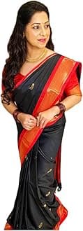 SGF11 Women's Kanjivaram Soft Lichi Silk Saree With Blouse Piece (Black Red), Black Red, One Size