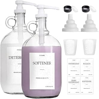 2 Pcs Glass Liquid Laundry Detergent Dispenser - One Gallon Fabric Softener Liquid Dispenser for Laundry Room (128 oz Each), Laundry Soap Dispenser - Includes Labels, Funnel, and Measuring Cups