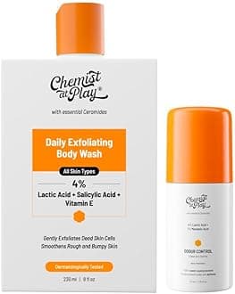 Exfoliating Body Wash 236ml | Removes Tan, Fights Body Acne, Strawberry Skin | 4% (Salicylic Acid, Vitamin E & Lactic Acid) + Under-Arm Roll-On, Aqua Fragrance | Prevent Dry, Rough, Bumpy Skin, Brightens Skin & Exfoliates Underarm| For Men & Women | 40ml