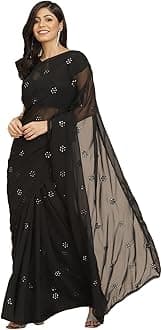 Women's Georgette Saree with Mirror Work (TI2827_Black), Black, One size, Black, One Size