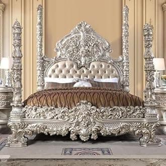 MUSKAN Arts Solid Teak Wooden Carving Royal Maharaja King Size Double Bed | Luxury Bed | Modern Bed for Bedroom, Hotel & Home, Silver Finish, (243L x 238W x 254H CM)