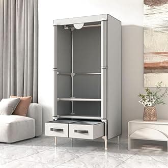 Anmas Power Bedroom Canvas Wardrobe with 2 Drawers, Portable Closet with Hanging Rail and Wardrobe Shelves, 75x45x170cm, Ash White