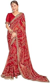Women's Georgette Bandhani Printed Sequence Embroidery Lace Saree With Unstitched Blouse Piece