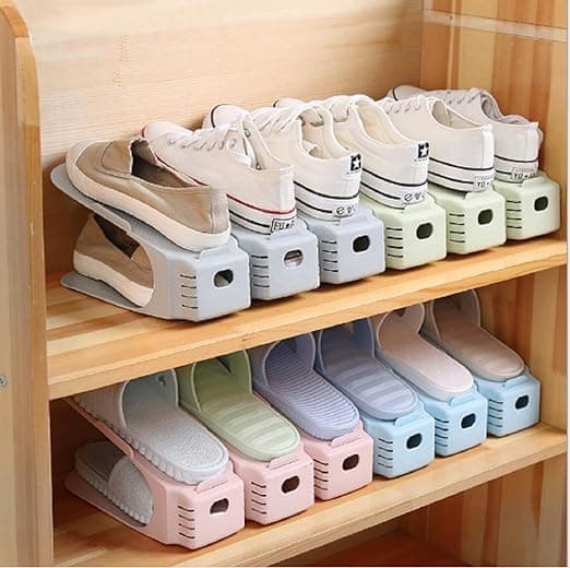 KSP HOMEShoe Holder Plastic Double Deck Space Saving Rack Stand for Closet Organization Adjustable Shoe Slots Folding Slots Organizer for Sandals Slipper Heels Holder, multicolor (12)