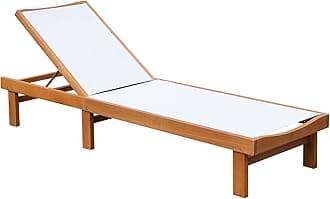 Tangkula Outdoor Wood Chaise Lounge Chair, Patio Chaise Lounger with 5 Position Adjustable Back, Eucalyptus Wood Reclining Lounge Chair with Breathable Fabric for Poolside Lawn Backyard (1, White)