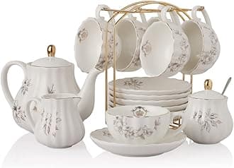 Porcelain Tea Sets British Royal Series, 8 OZ Cups & Saucer Service for 6, with Teapot Sugar Bowl Cream Pitcher Teaspoons and Tea Strainer, Suitable for High Tea, Wedding, Party（Morning glory）