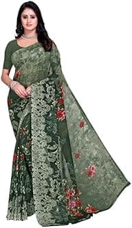 GenericTomar Creation Women's Faux Georgette Printed Saree With Unstitched Blouse 5.5Mtr (Green)-PID61669