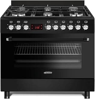 General Gold 6 Burner Gas Cooking Range 90x60 cm, Freestanding Cooker Italian Parts, Gas Oven Grill with Triple Glass Door, Dual Wok Burners, Cast Iron Pan Support, Rotisserie, Heavy Duty Stove