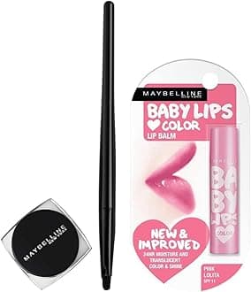 New York Lasting Drama Gel Eyeliner,Blackest Black, 2.5G And New York Baby Lips Glossy Lip Balm, Pink Lolita, 4G