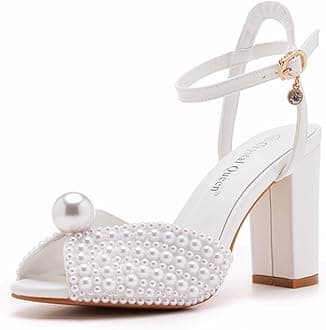 3.75 Inches White Pearls Peep Toe Block Heel Sandals Bridal Chunky Heels Women's High Heel Sandals Pump Shoes Bride Wedding Party Evening Dress Shoes