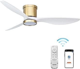 52 Inch Smart Solid Wood Flush Mount Ceiling Fans with Lights Remote Control, 3 Blade White Gold Modern Low Profile Ceiling Fan for Bedroom Living Room, Quiet DC Motor