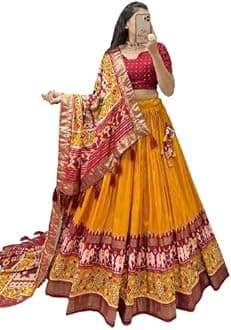 Women's Printed Tussar Silk With Leheriya And Foil Print Lehenga choli Set