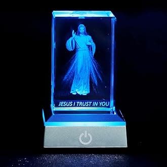 KOMI 3D Crystal Jesus Figurine Statue with LED Light Base, Laser Engraved Jesus I Trust in You Statues Religious Gifts for Women Men, Christian Catholic Home Decor