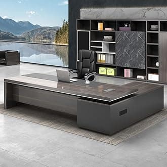 LITFAD Modern Office Computer Desk Wood Executive Desk with Side Storage, CPU Stand and Cord Management, L-Shape Writing Desk Boss Table Home Office Furniture Without Chairs, 110" L x 63" W x 29.5" H