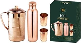 KC Copper Water Bottle and Jug Combo Set - 1000 ml Bottle, 2000 ml Jug, 2 Glasses - Brown