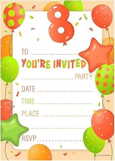 32 Kids Childrens Birthday Party Invitations Age 8 with Envelopes Invitation Orange Pack of 32 Balloon Invites - Designed and Printed in the UK