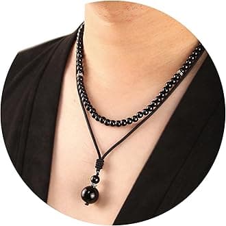 2Pcs Beaded Necklace for Men - Protection Necklace Men Choker Necklaces Obsidian Beads Pendant Jewelry Gifts for Men