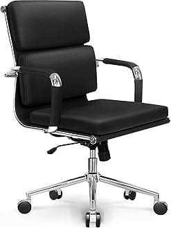 NEO CHAIR Office Desk Ergonomic Chair Leather Executive Mid-Back Modern Conference Comfy Adjustable Padded Swivel Rolling Home Vanity Chairs with Arms Wheels (Black)