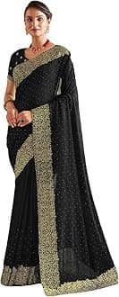 Satrani Women's Vichitra Silk Hot Fixing Embroidery Border Saree with Unstitched Blouse Piece