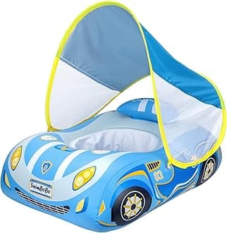 Swimbobo Toddler Pool Float Inflatable Car Baby Swim Float with Adjustable Sun Canopy and Safety Seat Pool Toys for Kids 3 Years Old +