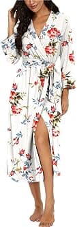 VINTATRE Women Kimono Robes Long Knit Bathrobe Lightweight Soft Knit Sleepwear V-neck Casual Ladies Loungewear, C06 Fp-white, Large