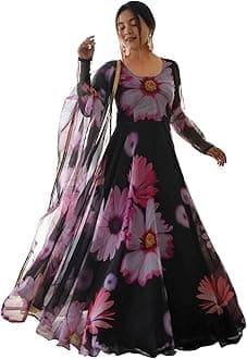 Shasmi Women's Stylish Floral Printed Orgenza Anarkali Dress Gown, Kurta with Dupatta Set Anarkali Floral Printed Gown with Dupatta