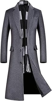 ebossy Men's Wool Blend Full Length Overcoat Single Breasted Long Coat with Flap Pocket