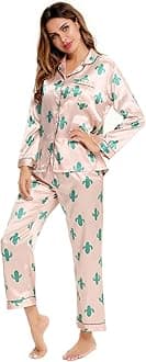 SWOMOG Women's Pyjama Set Silk Satin Long Sleeve Button Down Pyjamas Two Piece Comfy Sleepwear and Loungewear Set