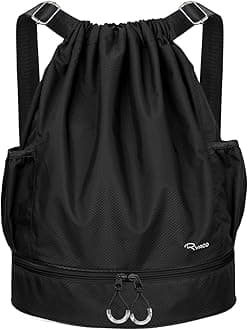 RYACO Drawstring Backpack Sports Gym Bag, Water Resistant String Sackpack Large Size with Zipper and Water Bottle Mesh Pockets for Gym Shopping Sport Yoga School Swimming Beach