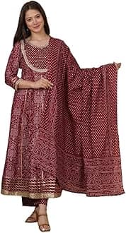 MEERA FABWomen's Cotton Printed Anarkali Kurta With Palazzo & Dupatta Set With Handwork