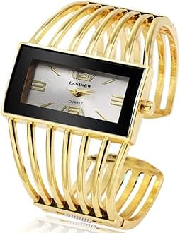 Women Luxury Cuff Bracelet Rectangular Dial Hollow Analog Quartz Wrist Watch for Ladies