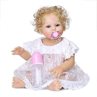 KOKOMANDYReborn Baby Dolls Full Body Silicone 18 Inch Realistic Newborn Baby Girl Doll Blue Eyes Curly Blonde Hair Cute Toddler Girl Toy Washable Waterproof Doll