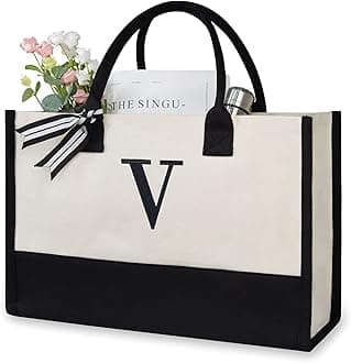 Personalized Initial Canvas Beach Bag, Monogrammed Gift Tote Bag for Women, V, Medium