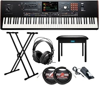 88-Key Pa5X Professional Arranger Bundle with Adjustable Keyboard Stand, Flip-Top Bench, Closed-Back Headphones, Sustain Pedal, and 1/4 Inch TS Cables (7 Items)