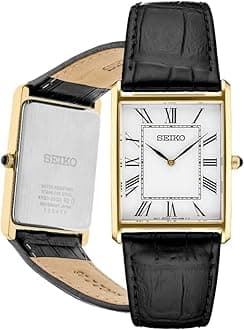 SEIKO Essentials Watch for Men - Water Resistant with Stainless Steel Rectangular Case and Leather Strap