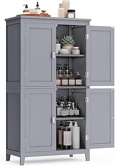 VASAGLE Floor Storage Cabinet, Freestanding Storage Unit with 4 Doors, Adjustable Shelves, 11.8 x 23.6 x 43.3 Inches, for Entryway, Bathroom, Dove Gray UBBC552P36