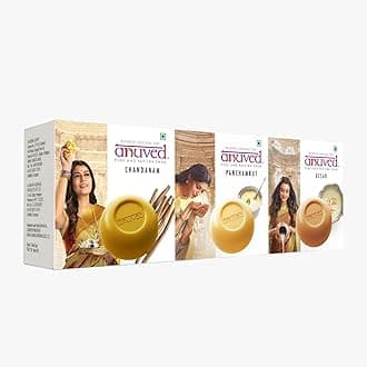 Anuved Moisturiser Combo pack of 3 Herbal Soaps (125Gm Each) - Chandanam, Panchamrit and Kesar